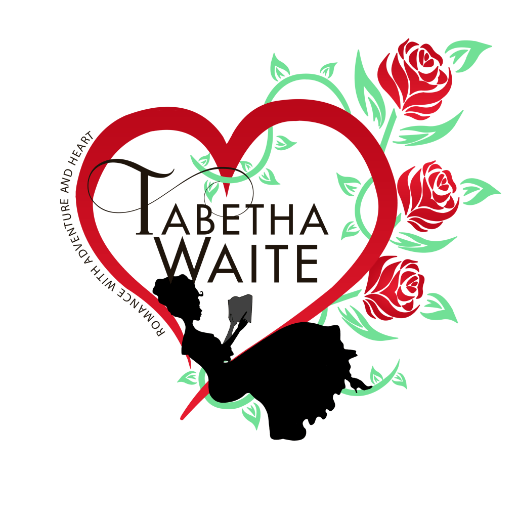 Logo for Tabetha Waite. A large red heart with roses entwined around it. A woman in a fancy dress sits at the bottom of the heart. The words "Tabetha Waite" are in the center and "Romance with adventure and heart" going up the left side of the heart. 