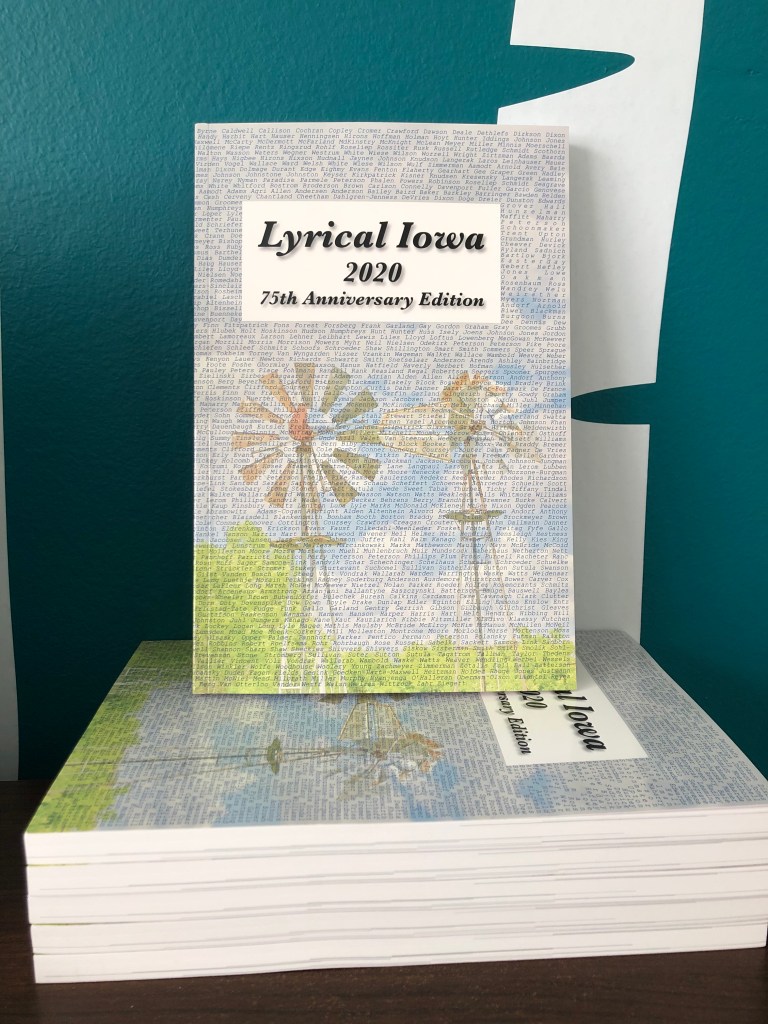 Picture of "Lyrical Iowa 2020". A paperback collection. Cover is a blue and cloudy sky with trees and wind veins. The text reads: Lyrical Iowa 2020 75th Anniversary Edition. 